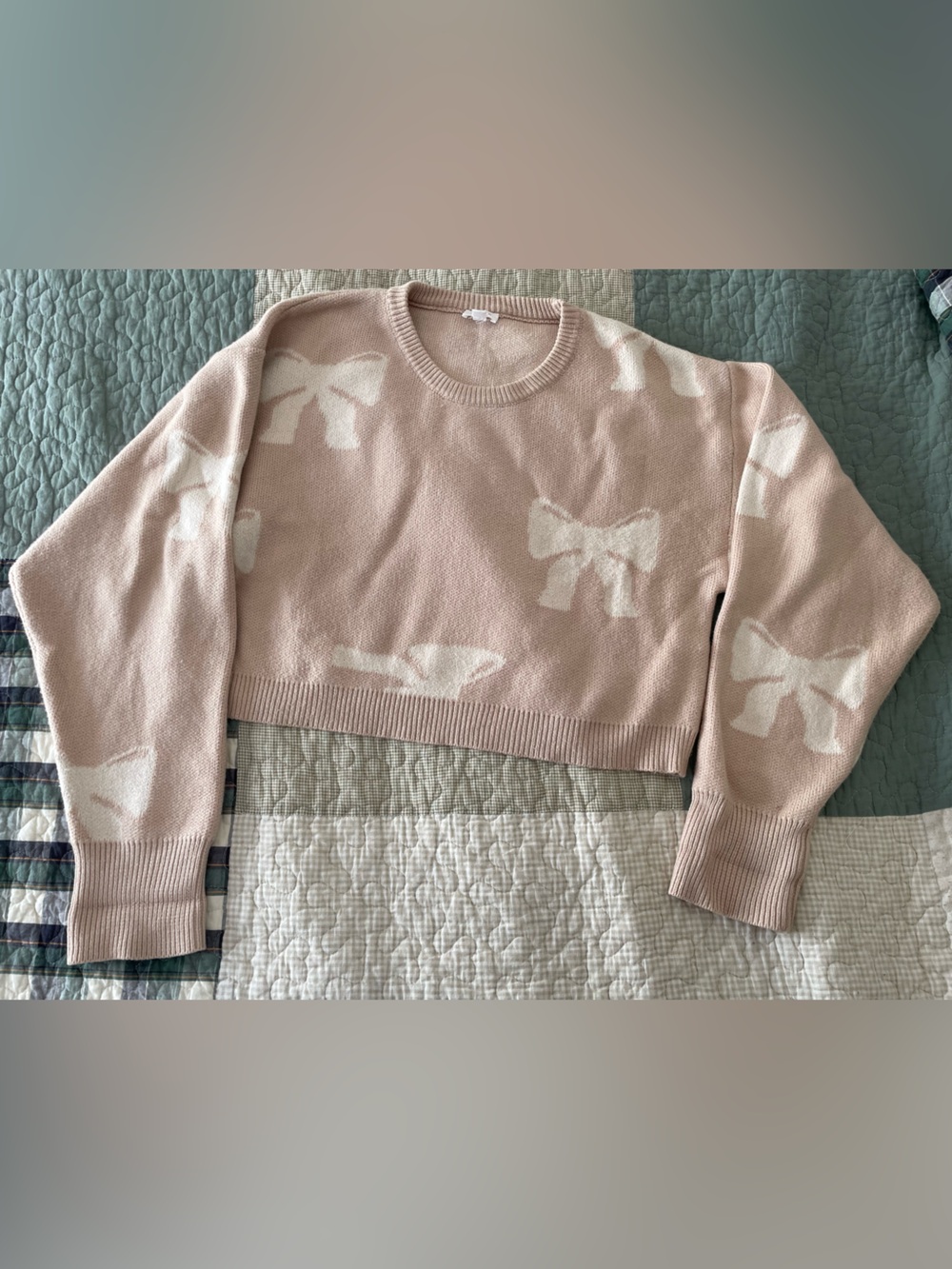 Le Lis Taupe and Ivory Bow Cropped Sweater